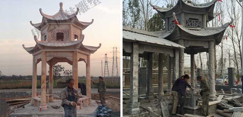 中式大理石涼亭安裝，石雕景觀亭子工廠，中式涼亭廠家
